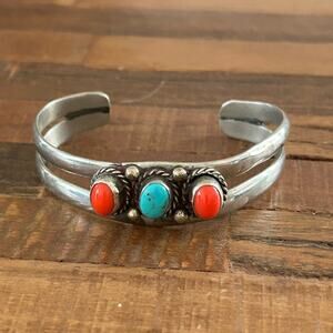 Vintage Navajo Sterling Silver Cuff Bracelet with Coral & Turquoise Cabochons